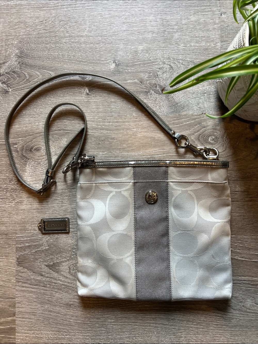 Vintage Coach Crossbody Bag in Light Silver and Chalk Signature Canvas Y2K